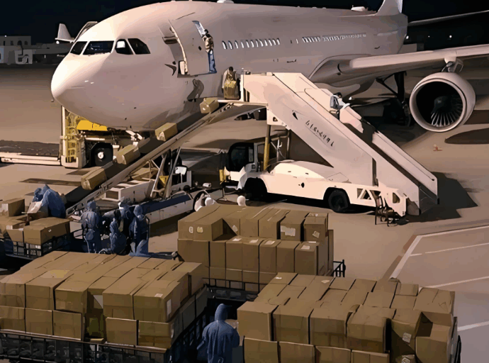 Night-time air freight cargo loading operation with boxes prepared for international shipment