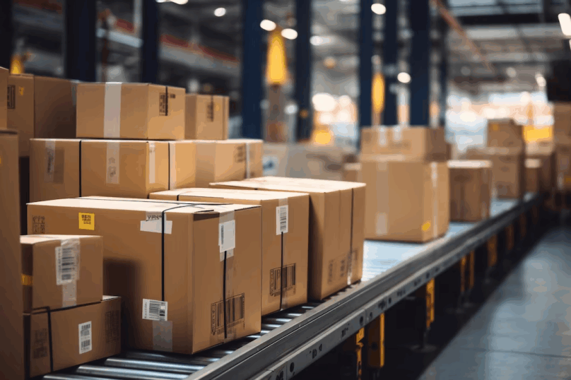 Cardboard boxes on conveyor belt in warehouse for FTL freight logistics