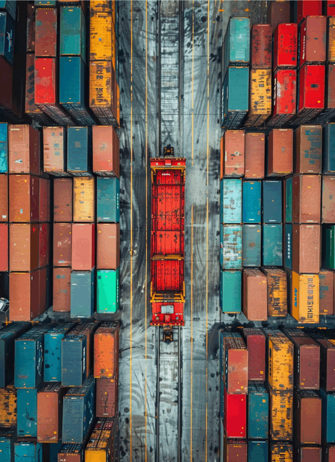 Top view of red truck among colorful containers illustrating FTL freight delivery