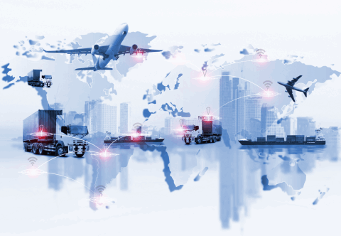 Global FTL freight services with air, land, and sea logistics icons on a world map