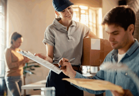 Delivery staff assisting customer with package as part of FTL shipment support and tracking