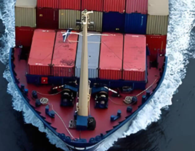 Top view of FCL container vessel at sea transporting goods via ocean freight