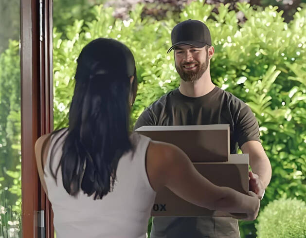 LCL shipping last mile delivery with courier handing package to customer at home