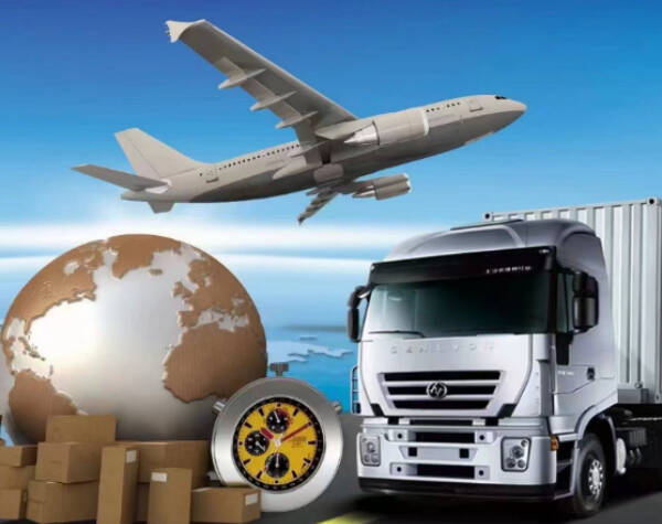 Air freight and global logistics concept with airplane, cargo truck, parcels and world map